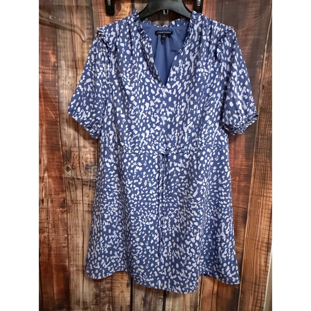 41 Hawthorn Blue White Abstract Print Ruffle V-Neck Drawstring Waist Dress M
